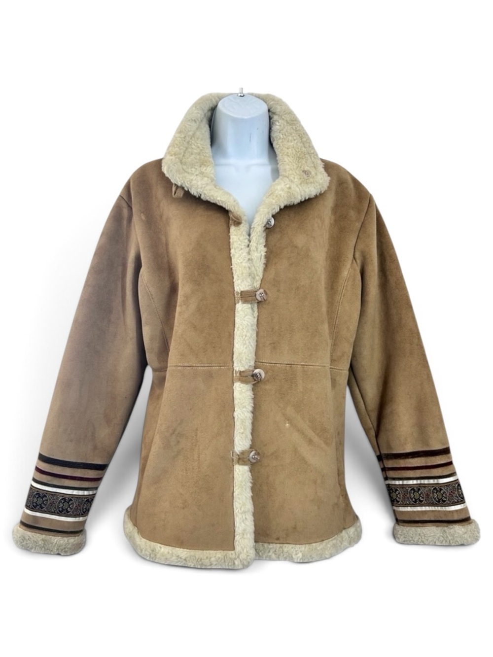 Vintage 90s Y2K Faux Suede Sherpa Lined Jacket Sz M Tan Coat Boho Phoebe Buffay